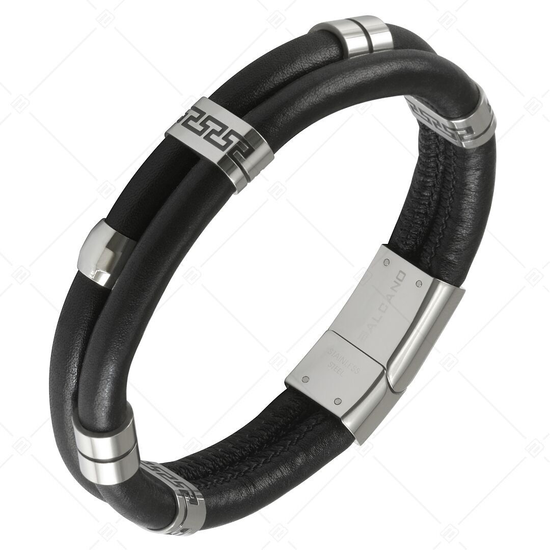 BALCANO - Capri / Pulsera de cuero con cabeza de acero inoxidable con patrón griego