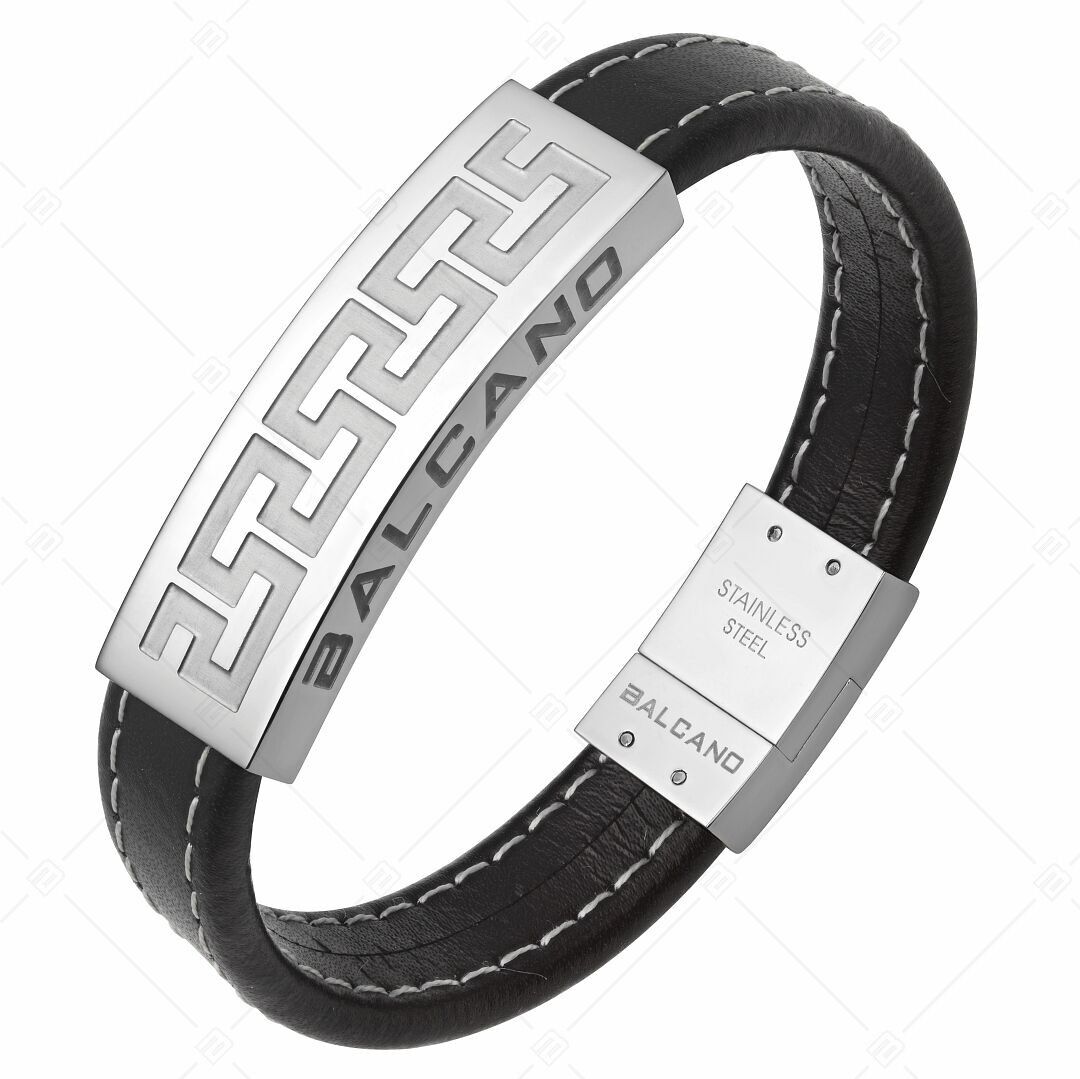 BALCANO - Lorenzo / Pulsera de cuero con motivo griego y tocado de acero inoxidable