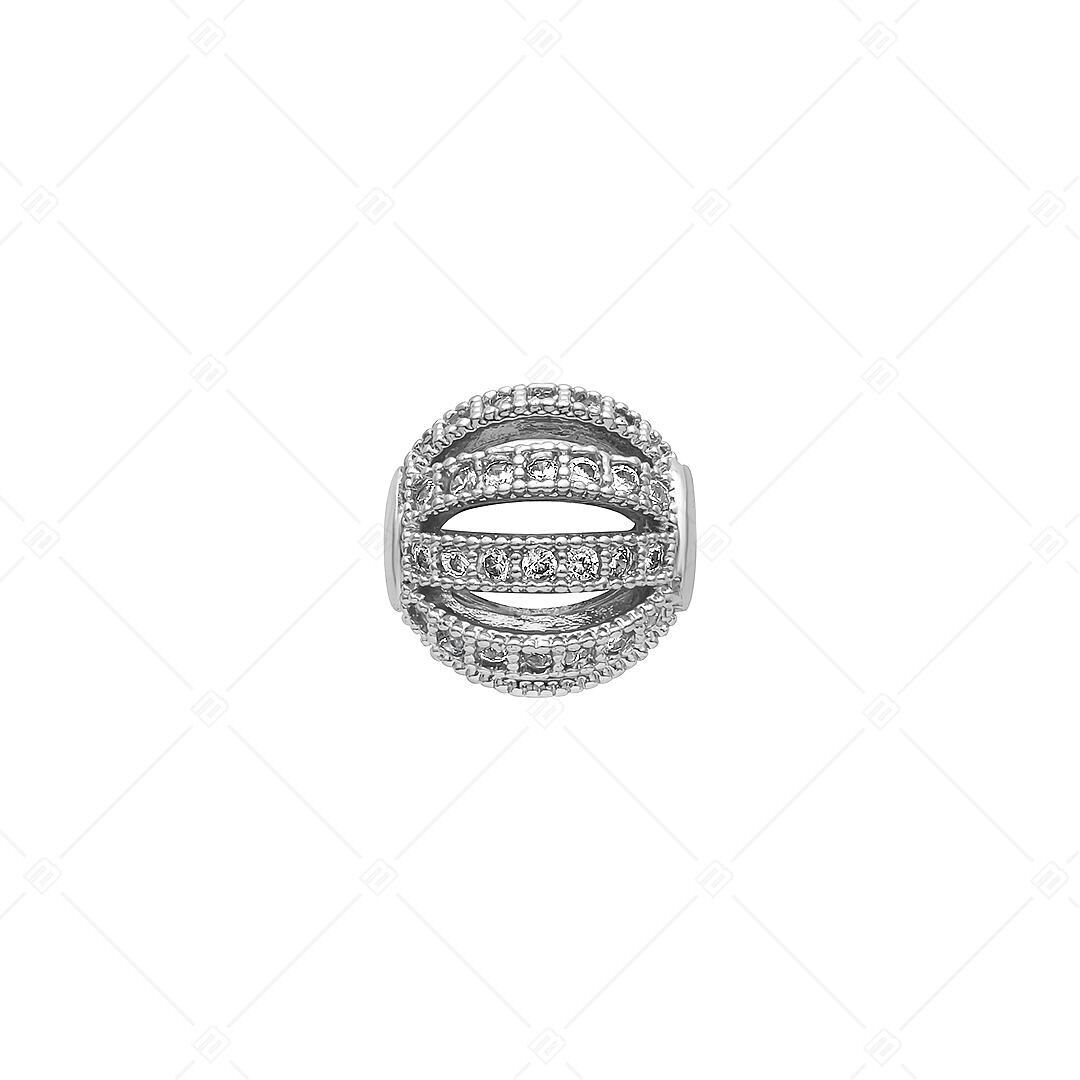 Dije espaciador en forma de bola con patrón calado y piedras preciosas de circonita cúbica