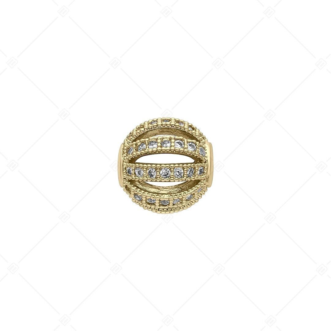 Dije espaciador en forma de bola con patrón calado y piedras preciosas de circonita cúbica