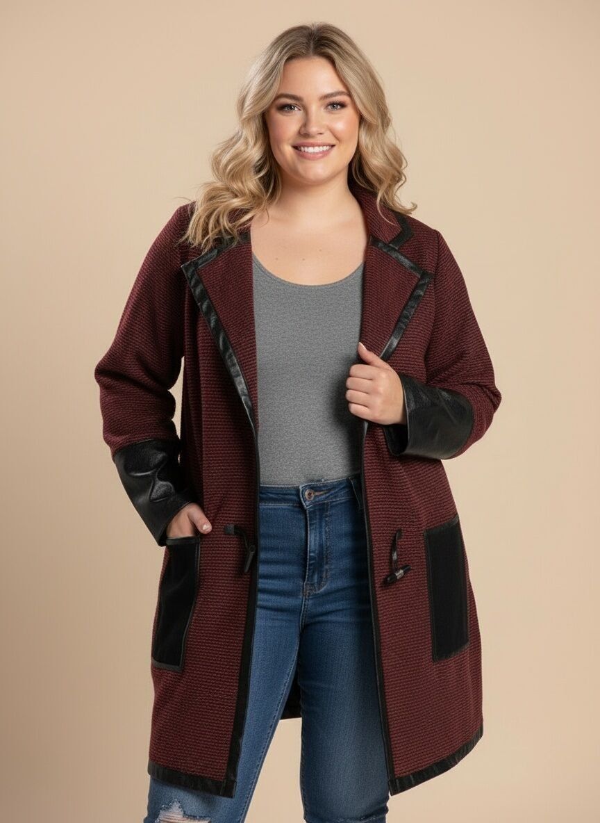 Plus size red jacket with faux leather patch (A563)