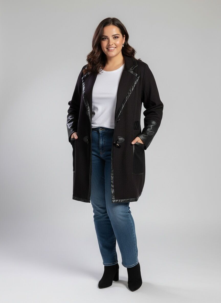 Veste noir grande taille avec patch similicuir (A563)