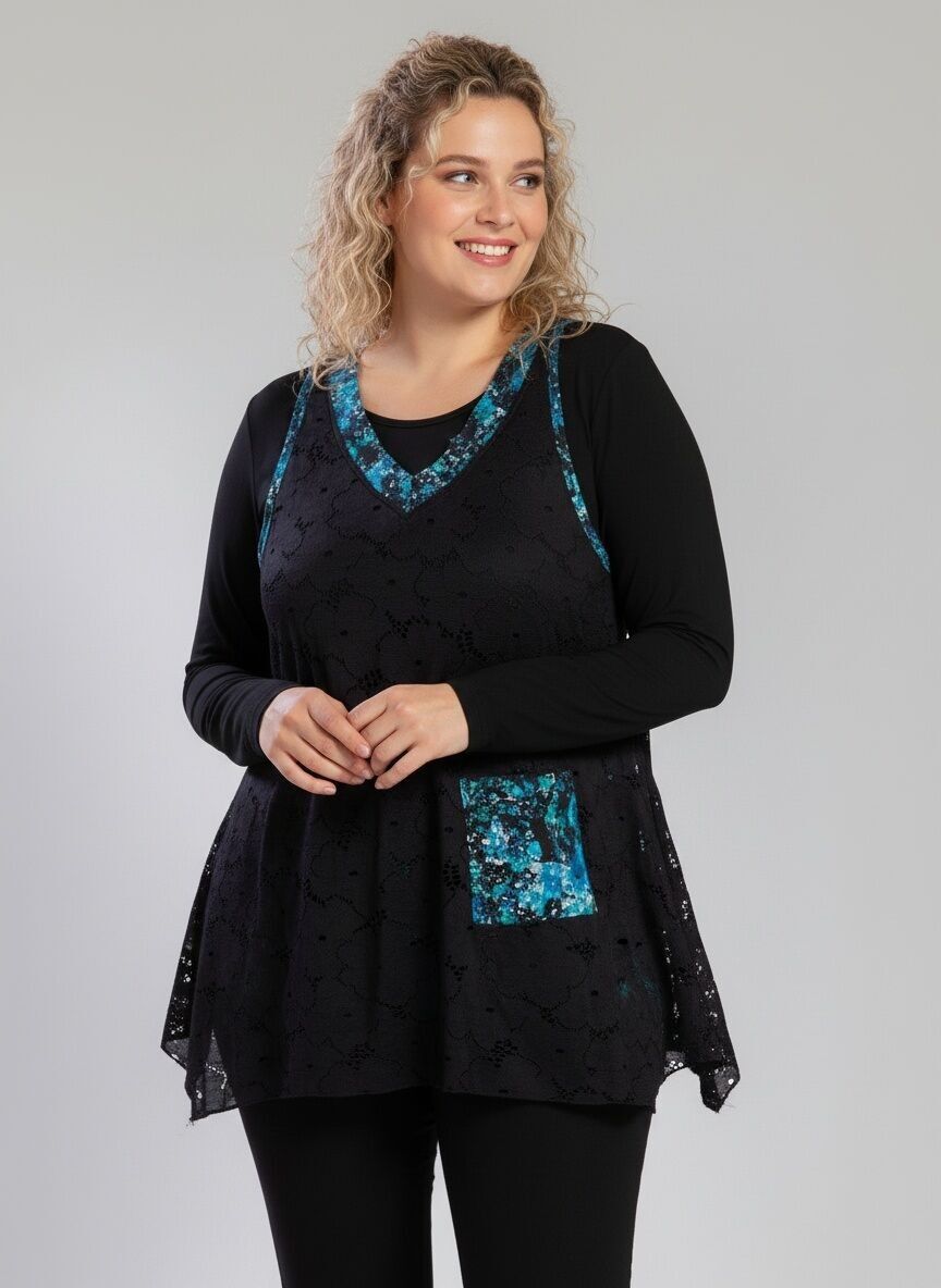 Plus size blue lace top and undershirt set (A622)