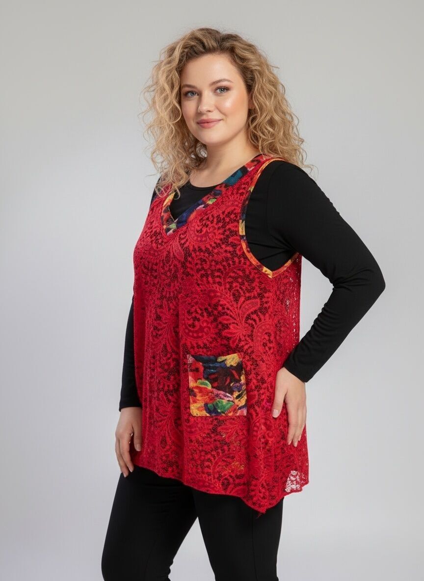 Ensemble sous pull + top dentelle rouge grande taille (A622)