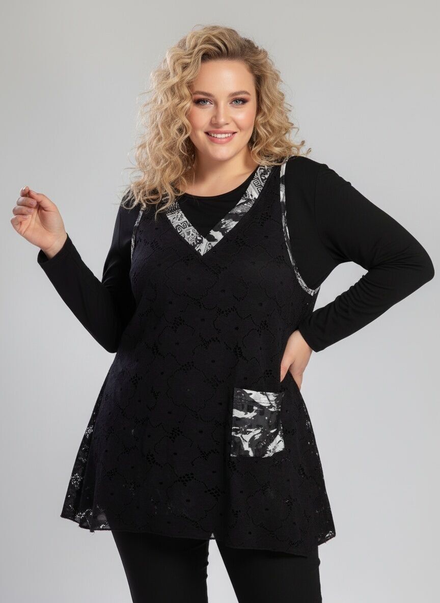 Ensemble sous pull + top dentelle blanc grande taille (A622)