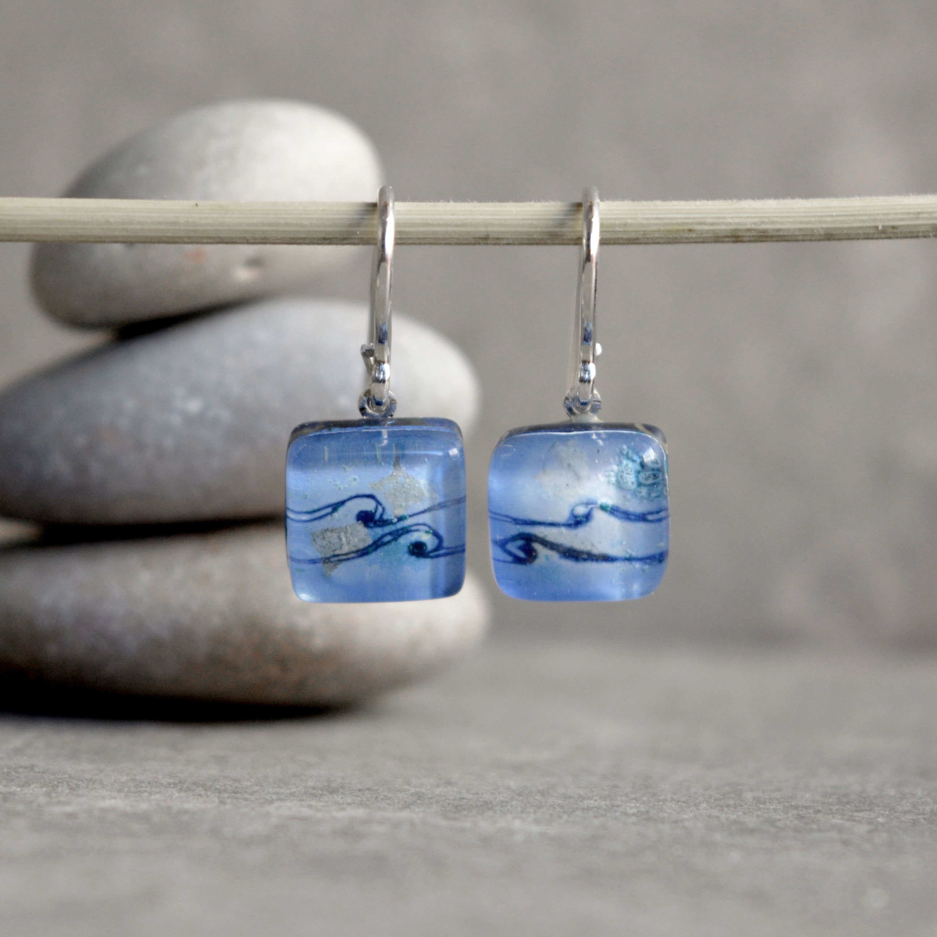 Pendientes colgantes Ola, Color azul, Gancho de plata de ley