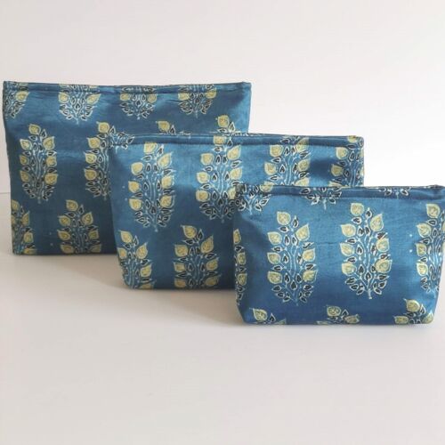 Hand-block Print Silk Travel Case Set of 3 - Blue Yellow Floral