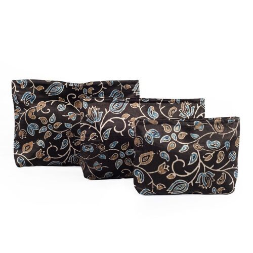 Ajrakh Hand-block Print Silk Travel Case - Set of 3 - Black Gold Blue Floral Vine