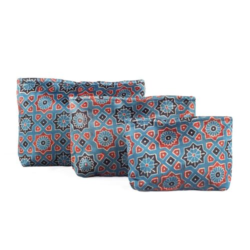 Ajrakh Hand-block Print Silk Travel Case - Set of 3 - Blue Red Black Geometric Flower