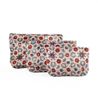 Estuche de viaje de seda con estampado de bloques a mano Ajrakh - Juego de 3 - Blanco roto Rojo Azul Floral