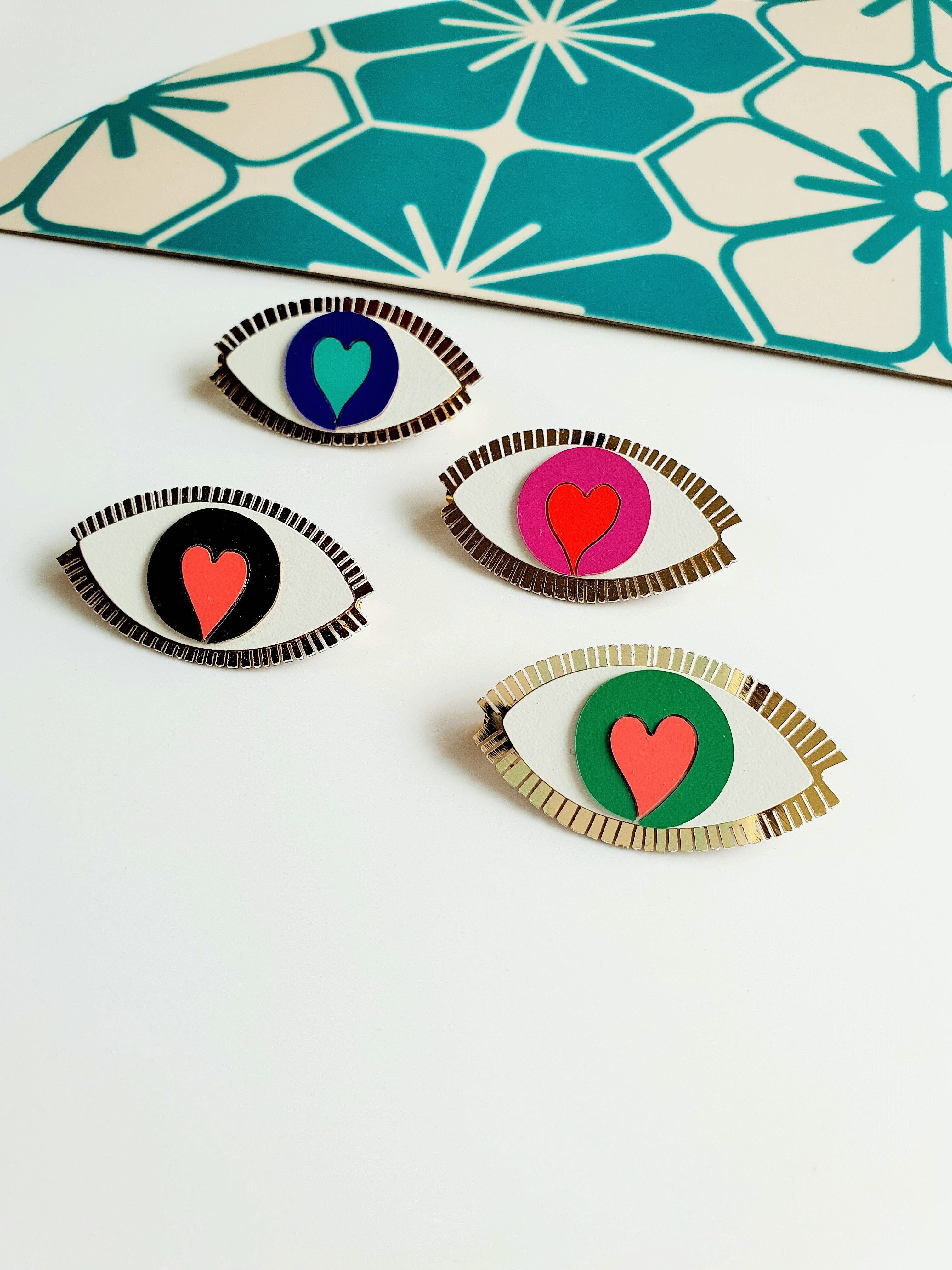 Originelle, ausgefallene *Eye for Eye* leichte Resopal-Brosche – handgefertigt in Frankreich