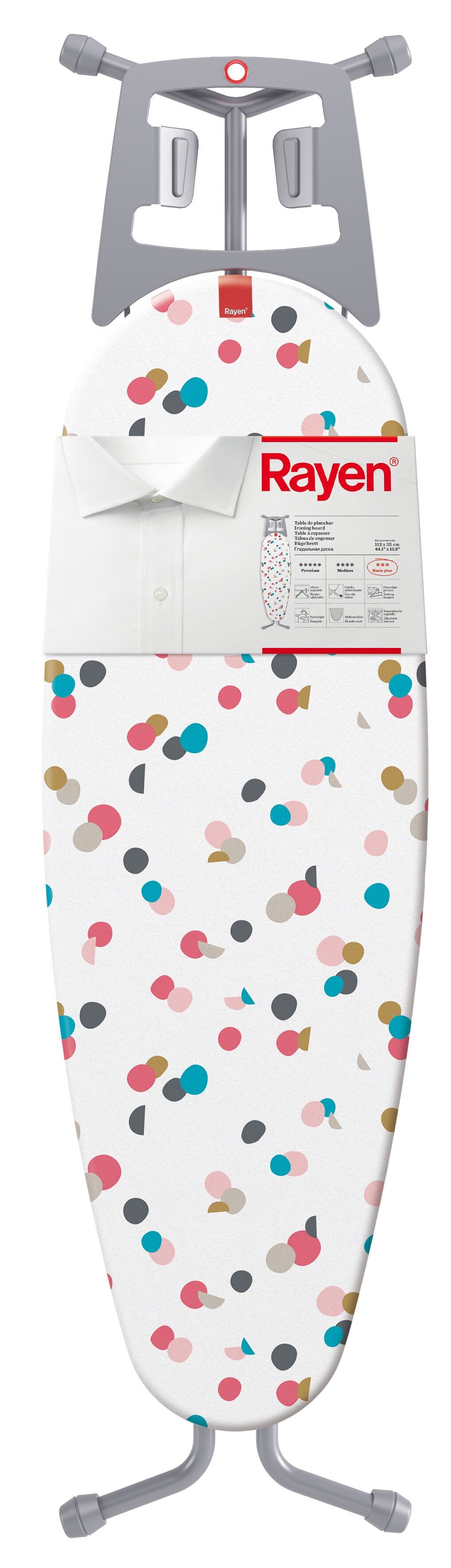 Rayen | Tabla de planchar | Gama media | Altura regulable | Tabla con reposa plancha y soporte para percha | Dimensiones 112 x 35 cm