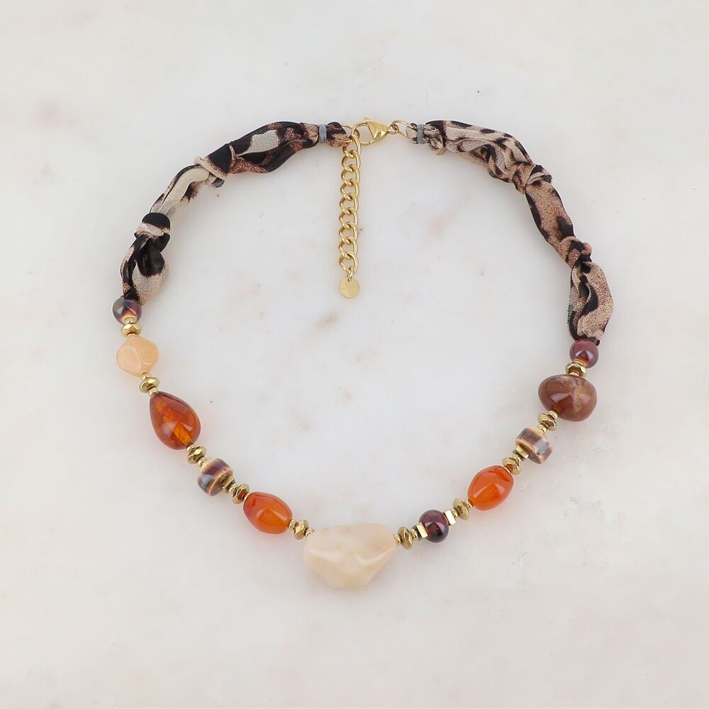 Fabric necklace with resin beads, ceramic beads