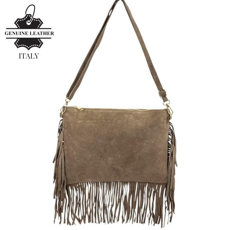 Borsa a tracolla in pelle scamosciata di alta qualità con frange