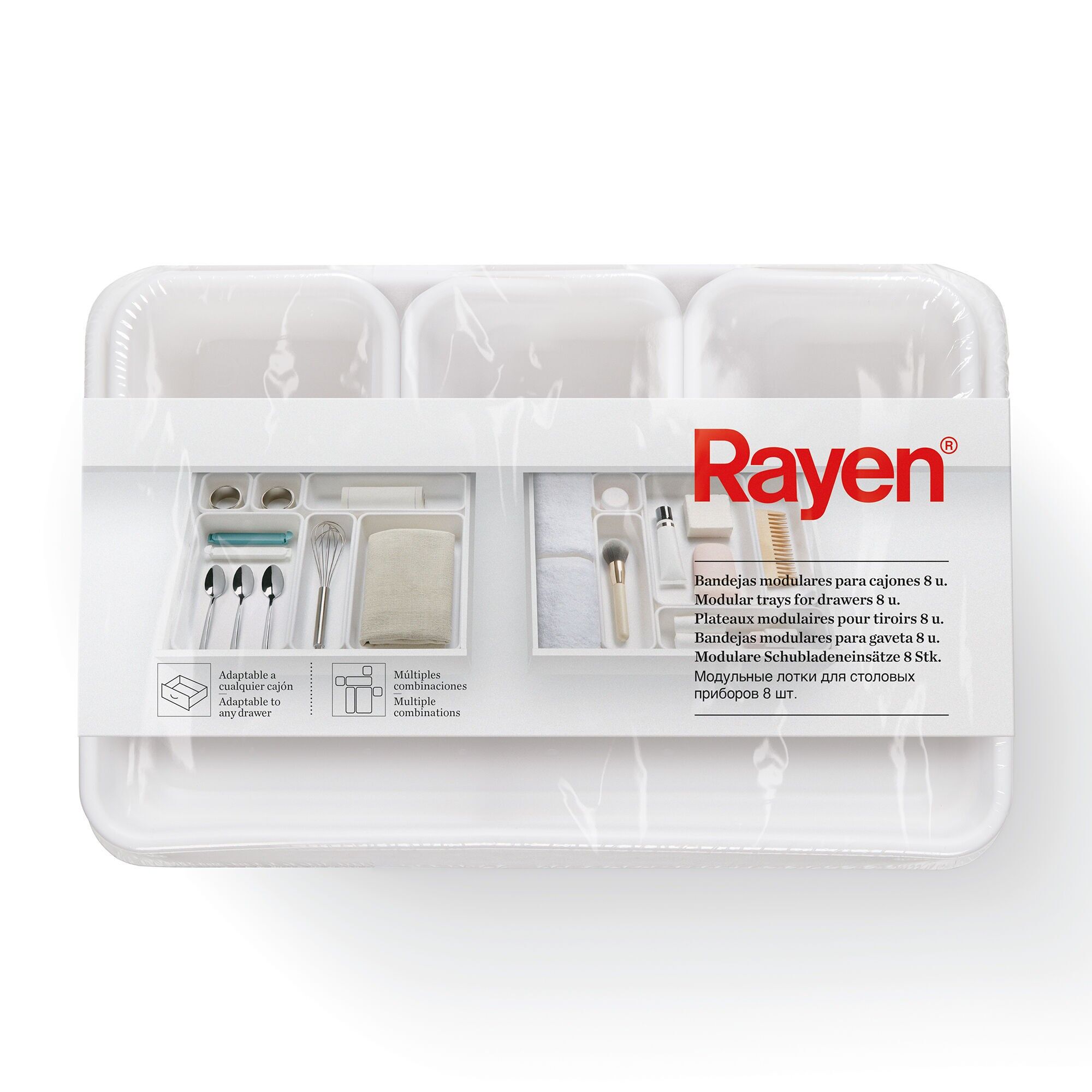 Rayen – Set mit 8 modularen Schubladeneinsätzen, vielseitig einsetzbar und stapelbar für Küche, Schreibtisch und Badezimmer, Weiß