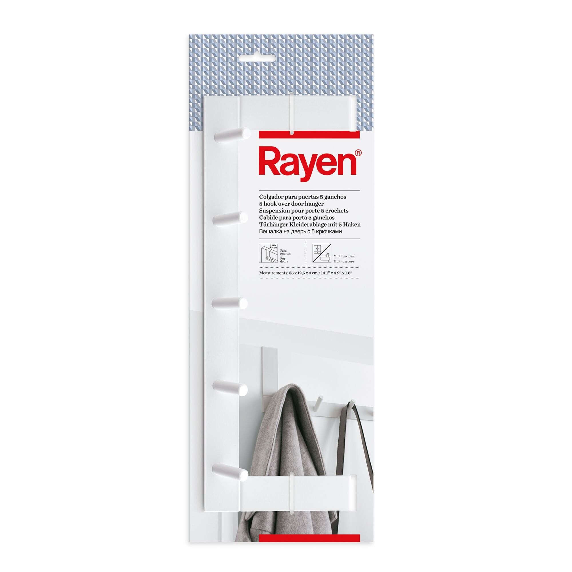 Rayen | 5-Haken-Kleiderstange | Türgarderobe | Hakenleiste | Türhänger | Multifunktional | Platzsparend | Weiß | 36 cm x 12.5 cm x 4 cm