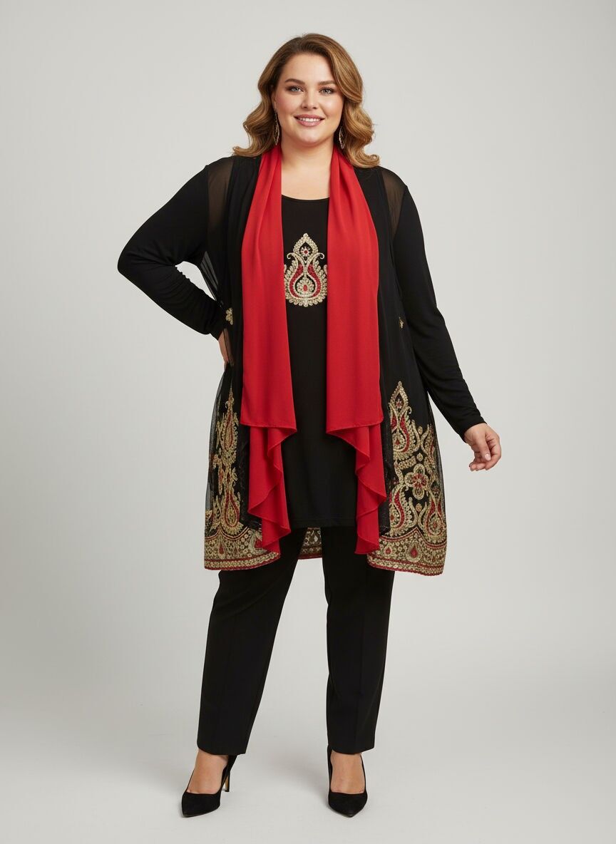 Ensemble top + gilet brodées rouge grande taille (A823)