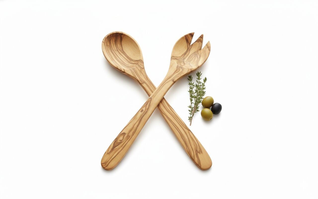 Handgefertigtes Servierbrett und Salatbesteck aus Olivenholz