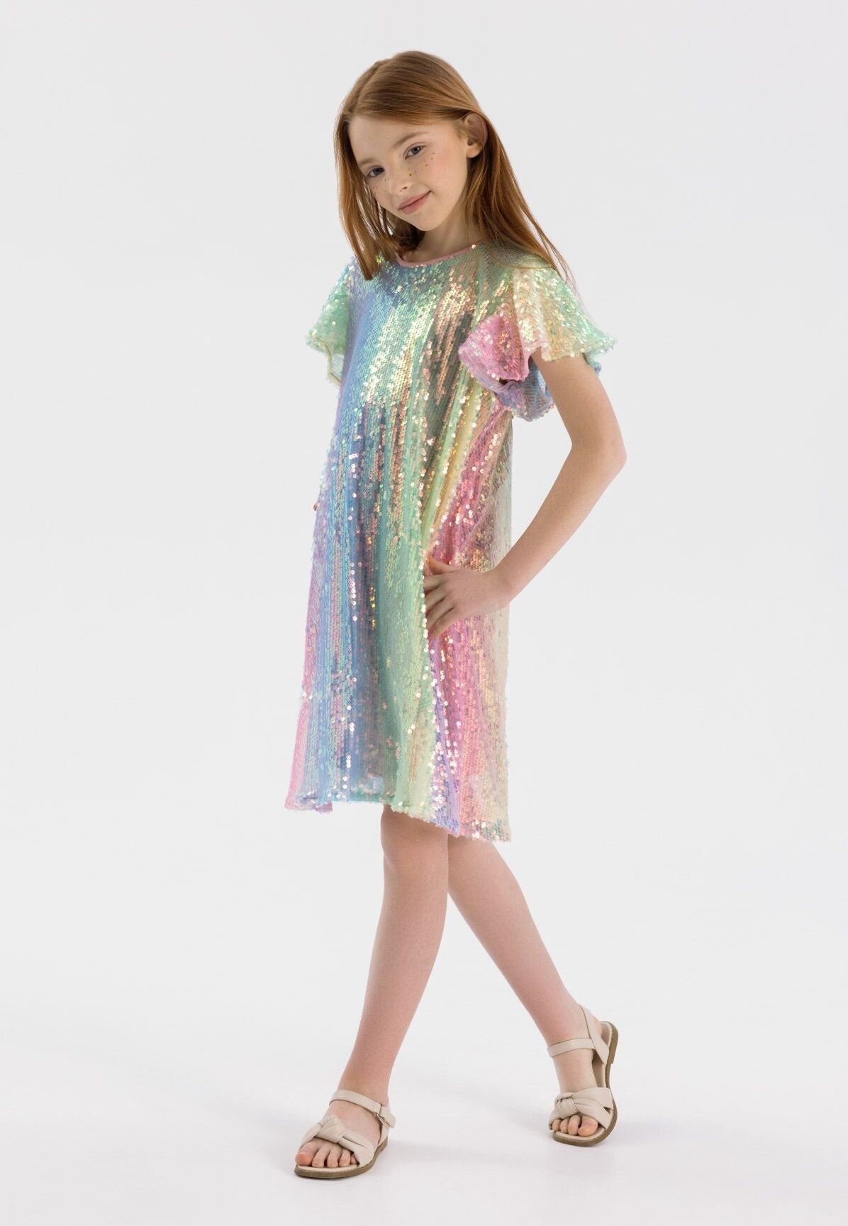 Girls dress flutter sleeves multicoloured 3-14y