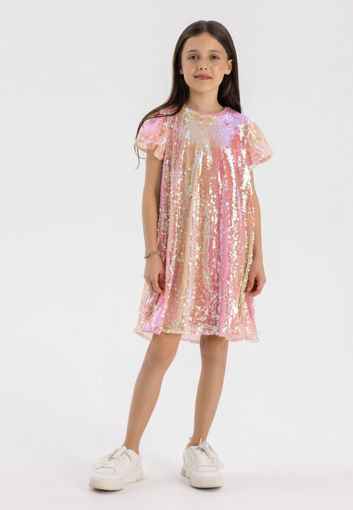 Girls dress flutter sleeve sequin pink 3-14y