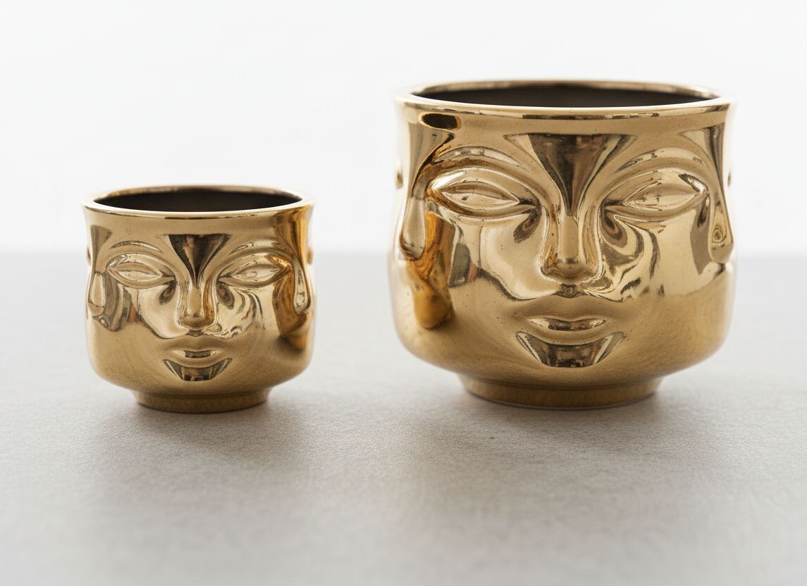 Moderne goldene Keramiktöpfe in Gesichtsform – Luxuriöse metallische Pflanzgefäße und Dekoration