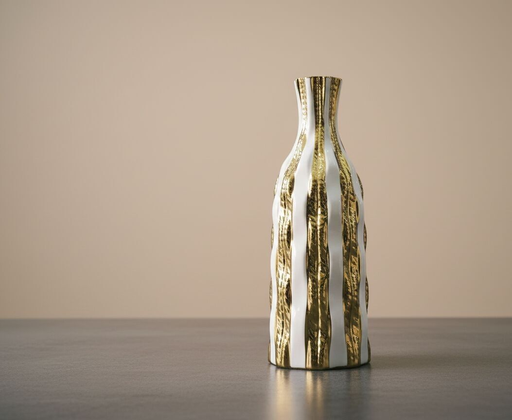 Handgefertigte Flaschenvase in Weiß und Goldstreifen – Luxuriöse, handbemalte Keramikdekoration