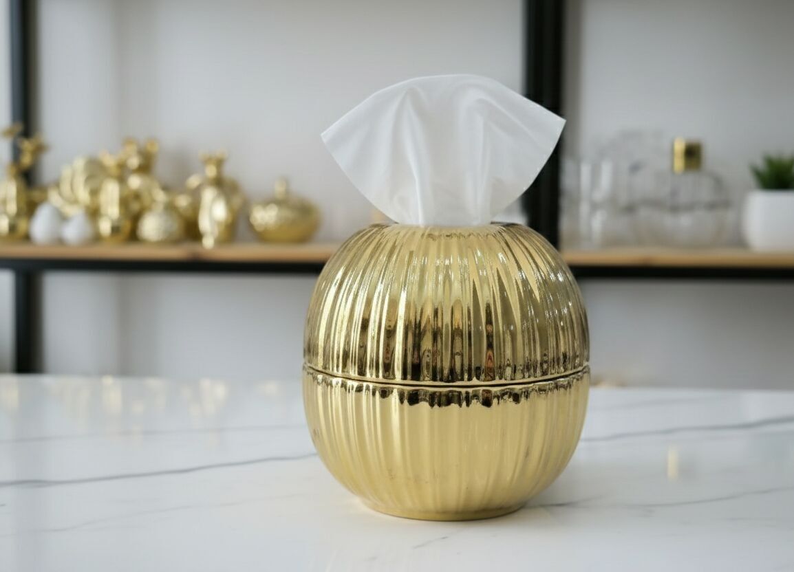 Luxuriöse, kugelförmige Taschentuchbox aus Gold – Moderner, gerippter Keramik-Taschentuchhalter