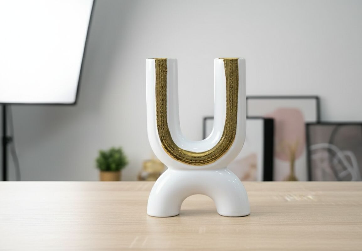 Moderner U-förmiger Kerzenhalter aus Keramik – Luxuriöses, minimalistisches Dekor in Weiß und Gold