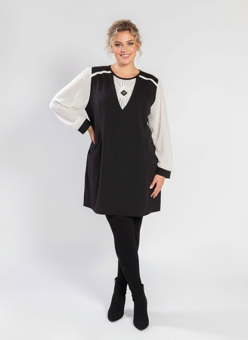 Schwarz-weißes Kleid mit gepunkteten Ärmeln in Übergröße (A812)