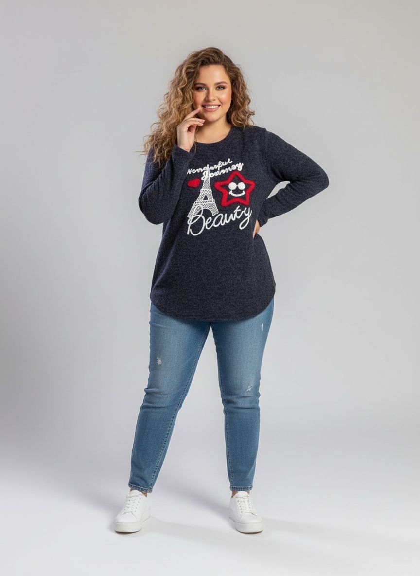 Blauer Pullover mit Stickerei Übergröße (A961)