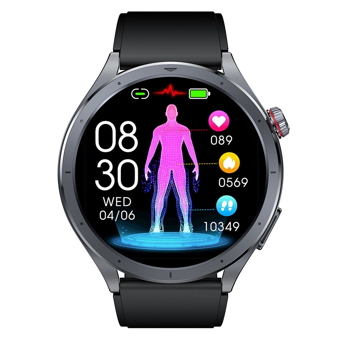 SMARTY Unisex-Uhr – Wellness+ – SW113 – Rundes schwarzes Metallgehäuse – Silikonarmband