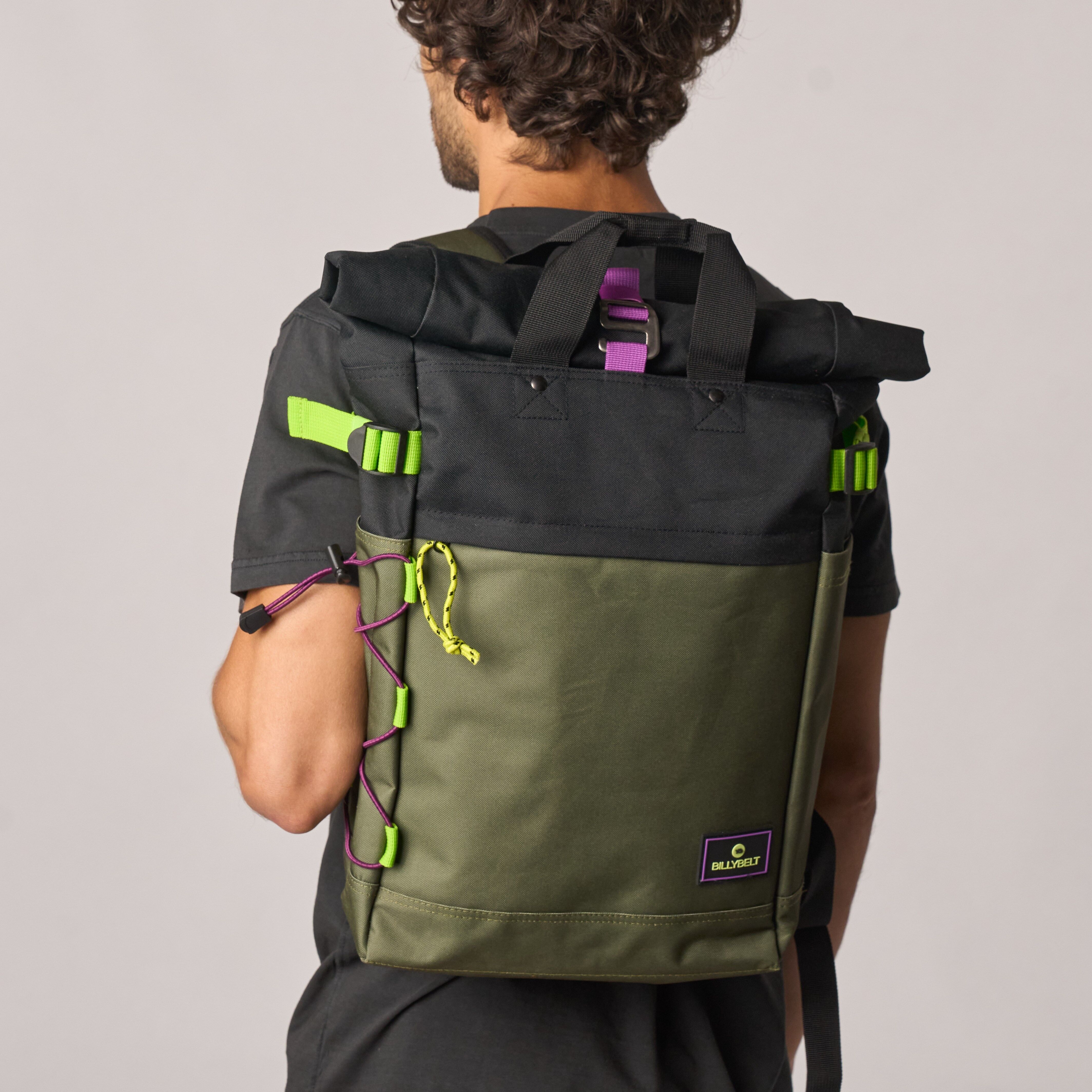 Roll-top backpack made from 100% recycled polyester - Khaki and black