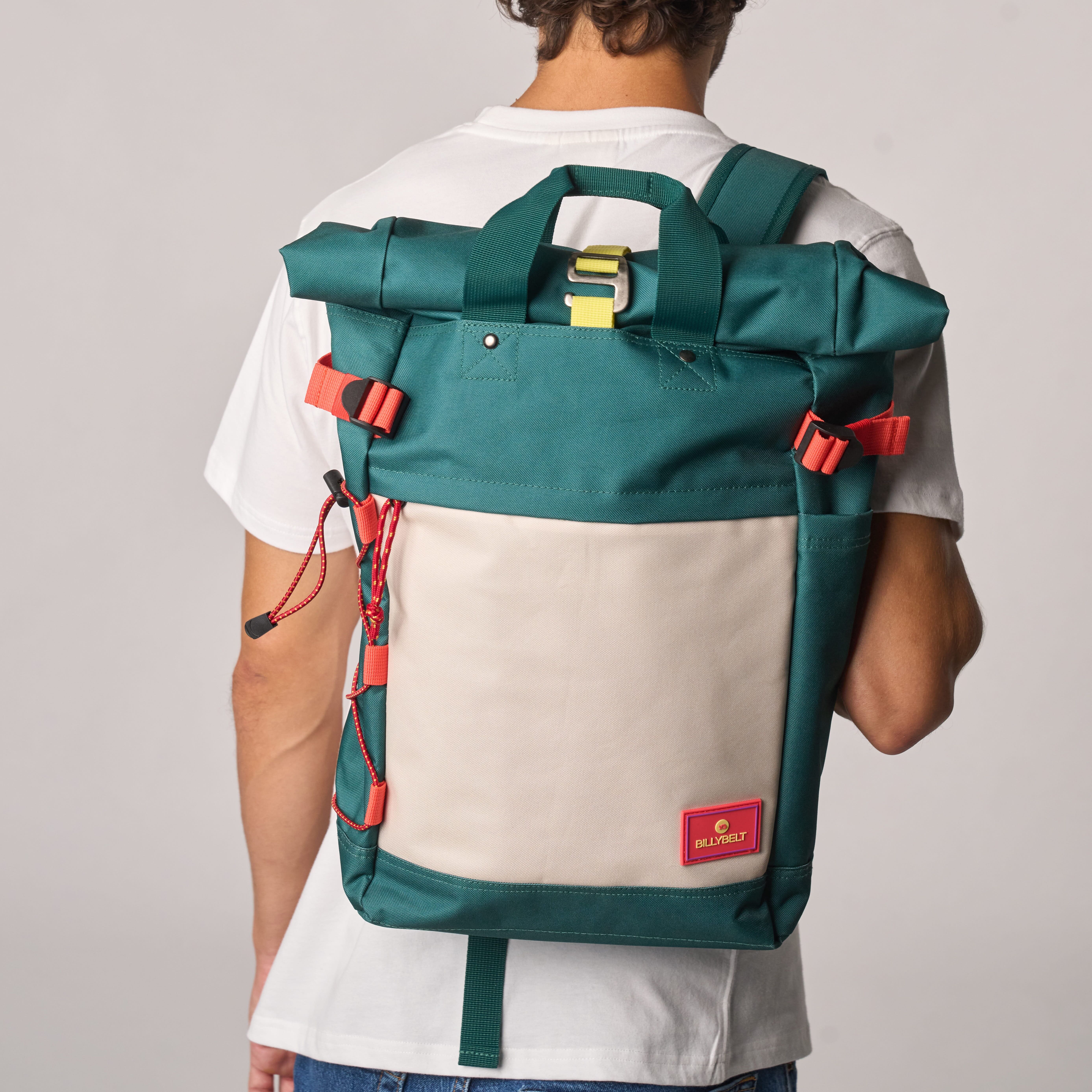 Roll-top backpack made from 100% recycled polyester - Green and ivory