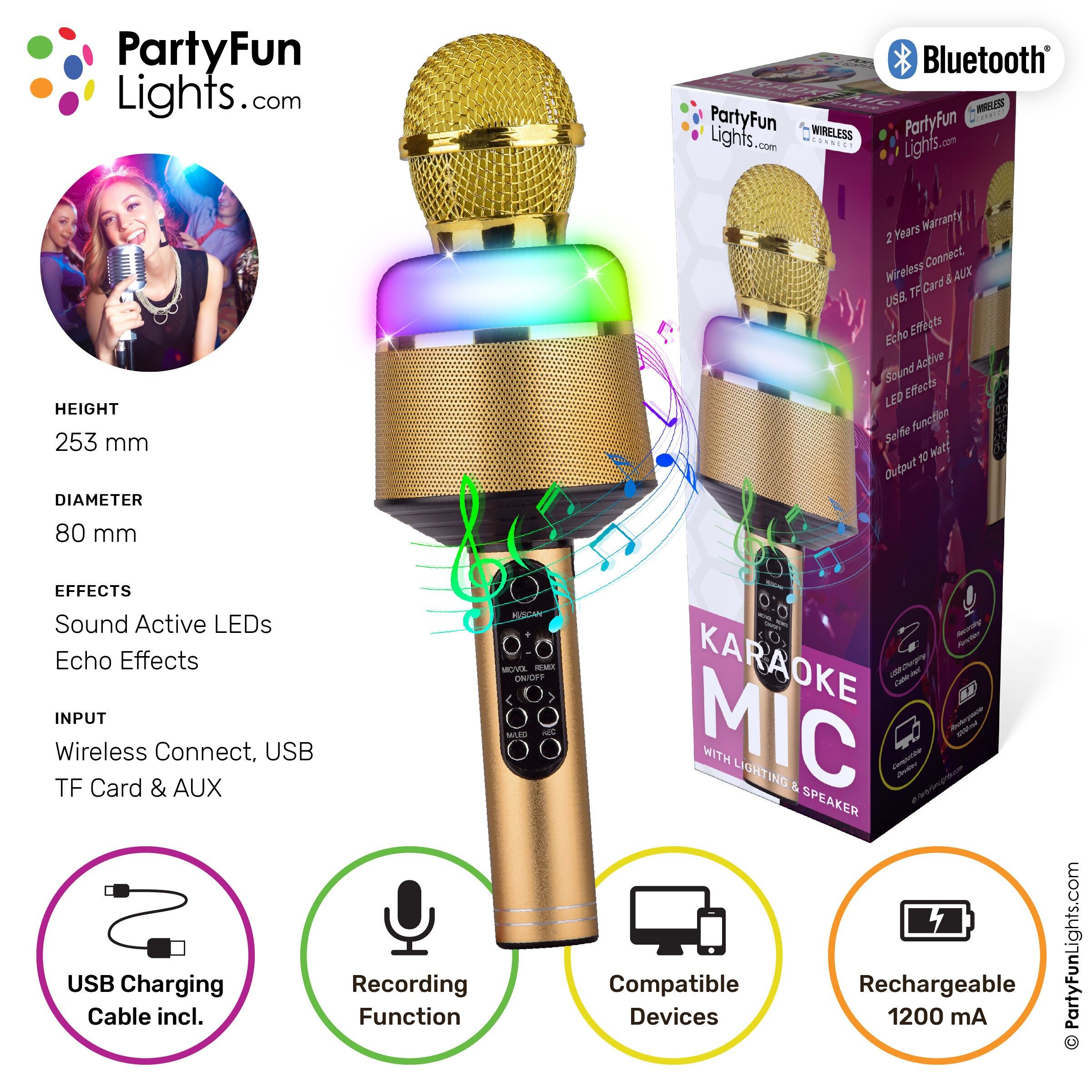 Microfono Karaoke Bluetooth - Oro - Set Karaoke - Per bambini e adulti - Wireless - Echo - Con altoparlante - Luce LED