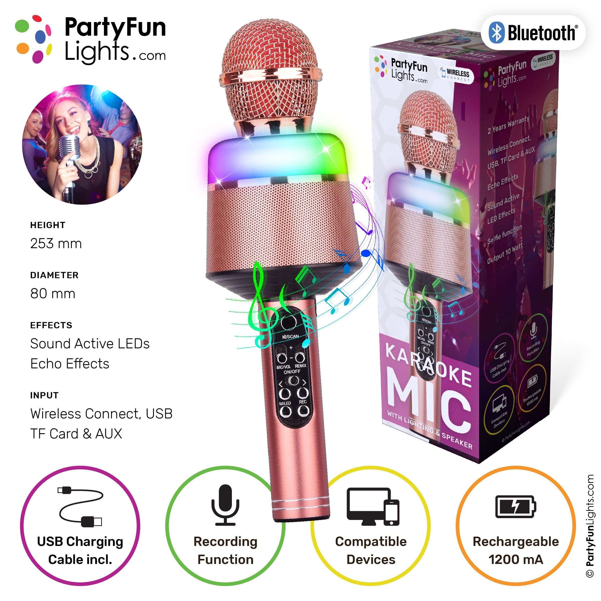 Microfono Karaoke Bluetooth - Rosa - Set Karaoke - Per Bambini e Adulti - Wireless - Echo - Con Altoparlante - Luce LED