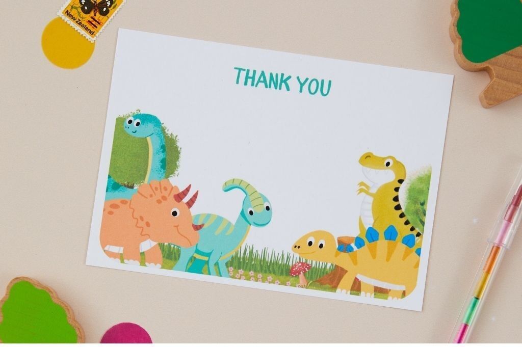 Set di 8 cartoline di ringraziamento a tema dinosauro