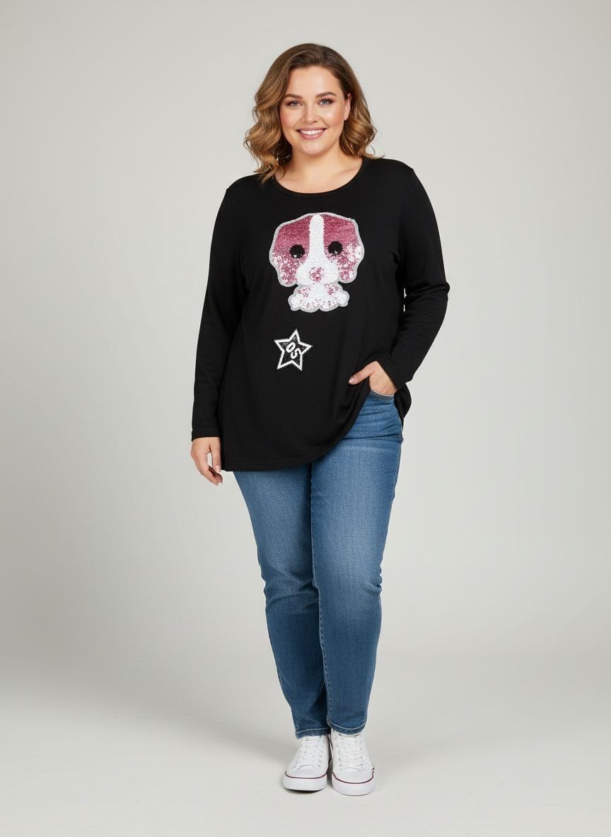 Schwarzer Pullover mit Paillettenmuster in Übergröße (A907)