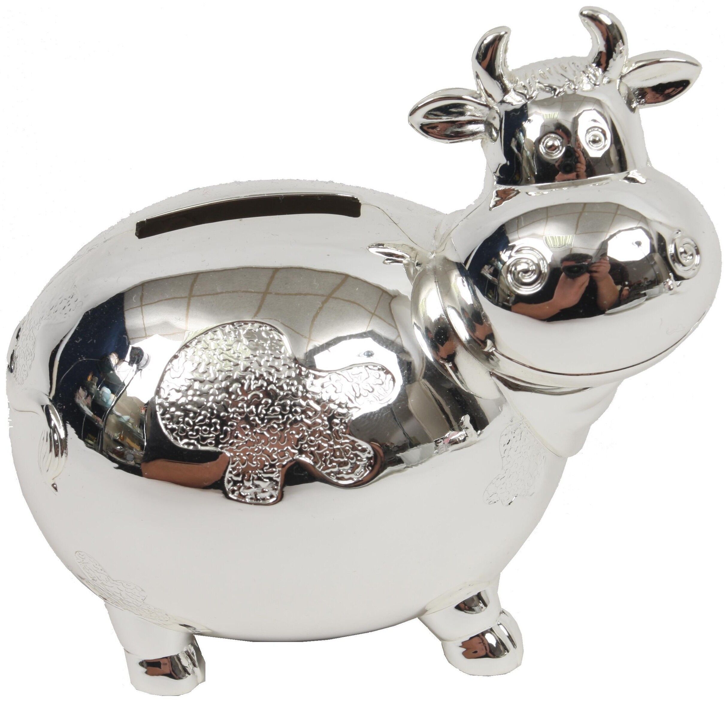 Salvadanaio in metallo a forma di mucca