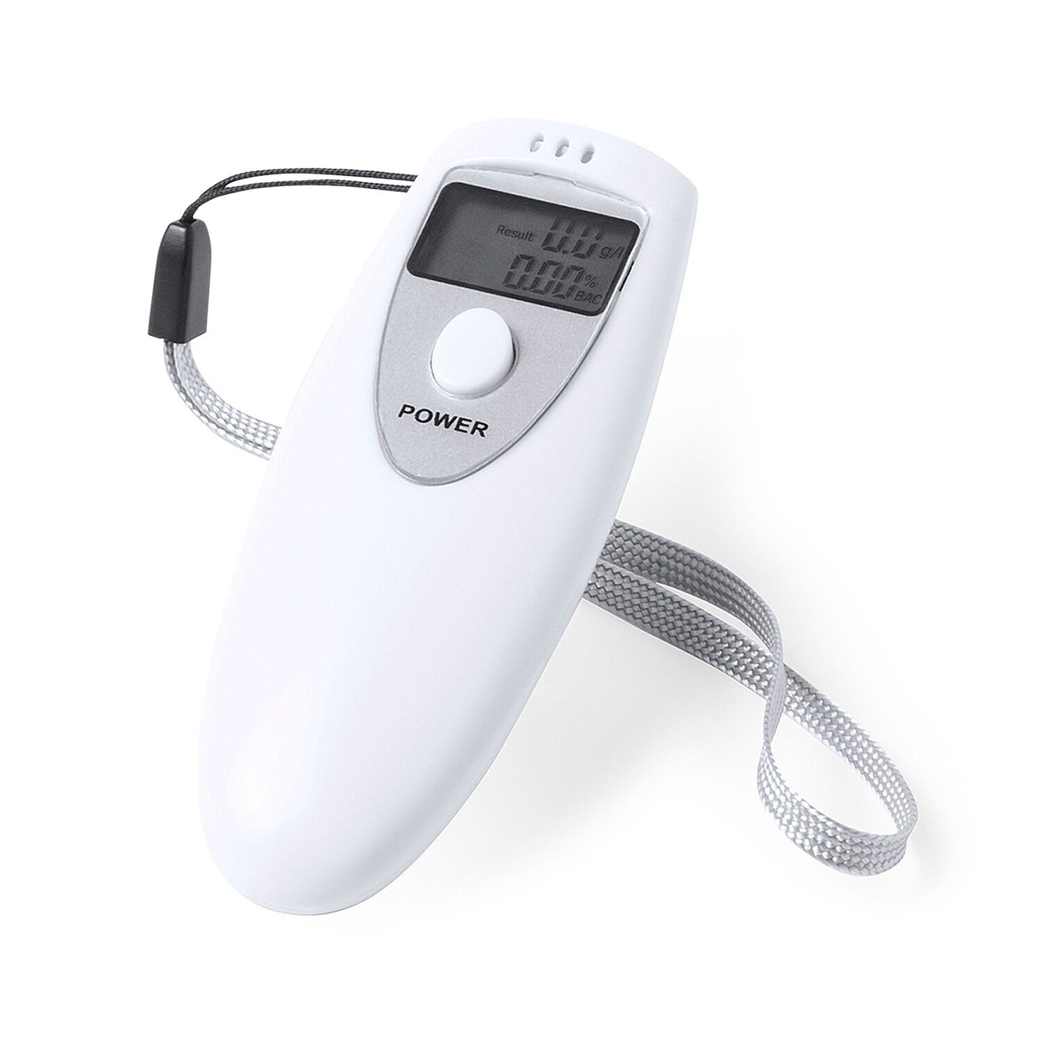 Alcoholímetro de bolsillo Gamp con pantalla LCD, medición por espiración y cinta de transporte, compacto y fácil de usar. Color:Blanco 