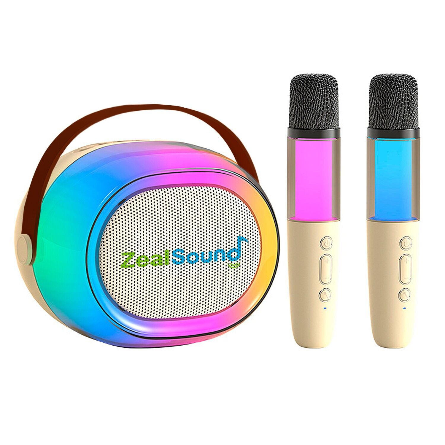 Altavoz inalámbrico para karaoke con dos micrófonos. Bluetooth 5.3 y 4 modos de voz. Color:Beige Claro 