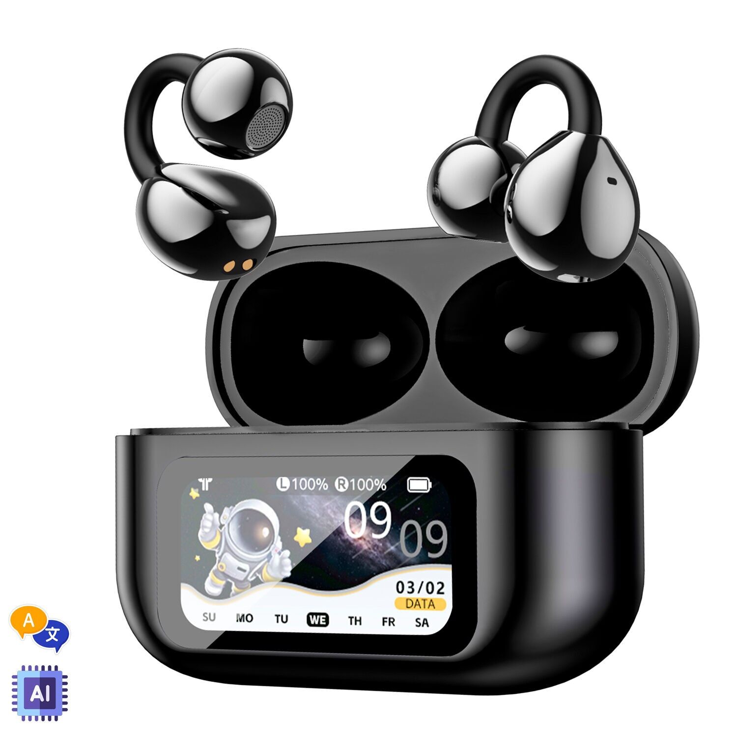 Cuffie sportive XG-42 TWS, Bluetooth 6.0. Assistente intelligente con traduzione in tempo reale e stazione di ricarica intelligente multifunzione con touch screen. Colore: Nero