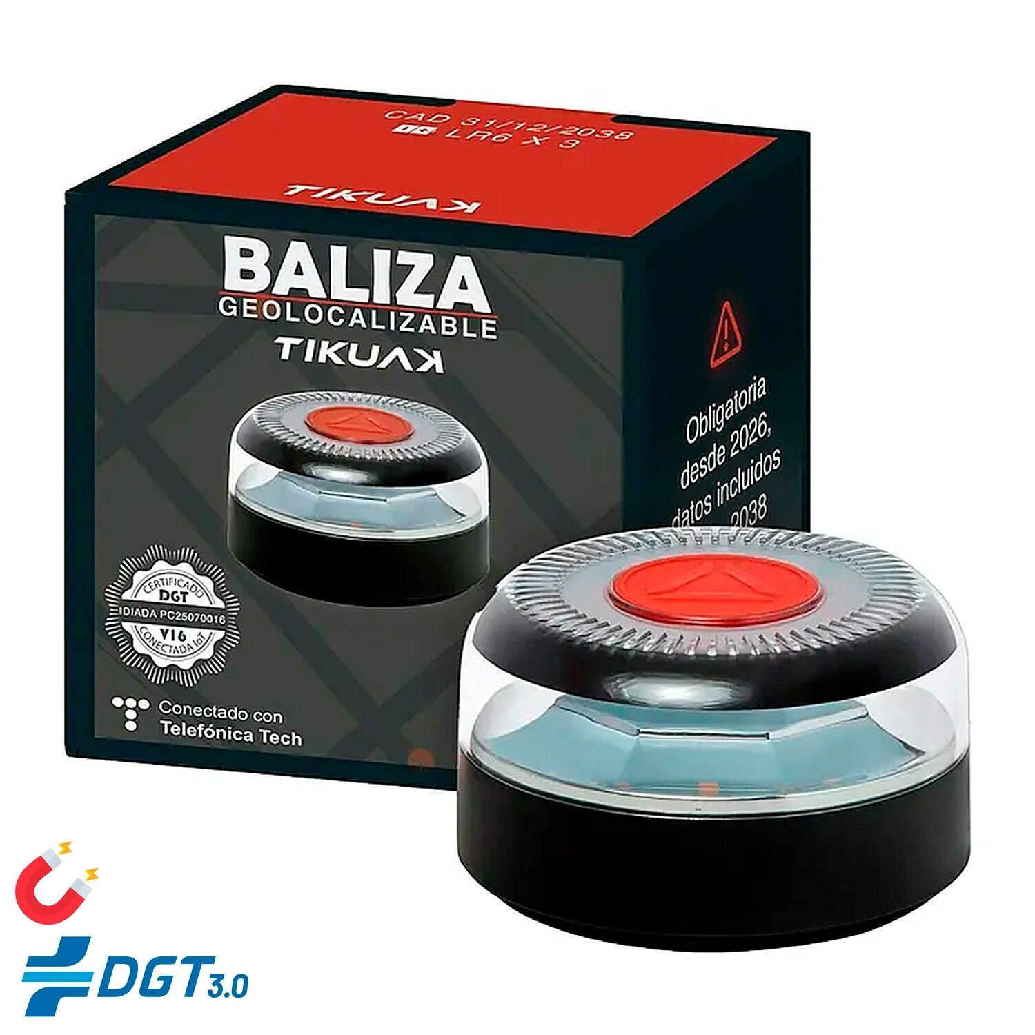 Baliza V16 geolocalizada Tikuak homologada DGT 3.0 con luz LED ámbar 360°, 8 LEDs, pilas incluidas y resistente a agua y viento Color:Negro 