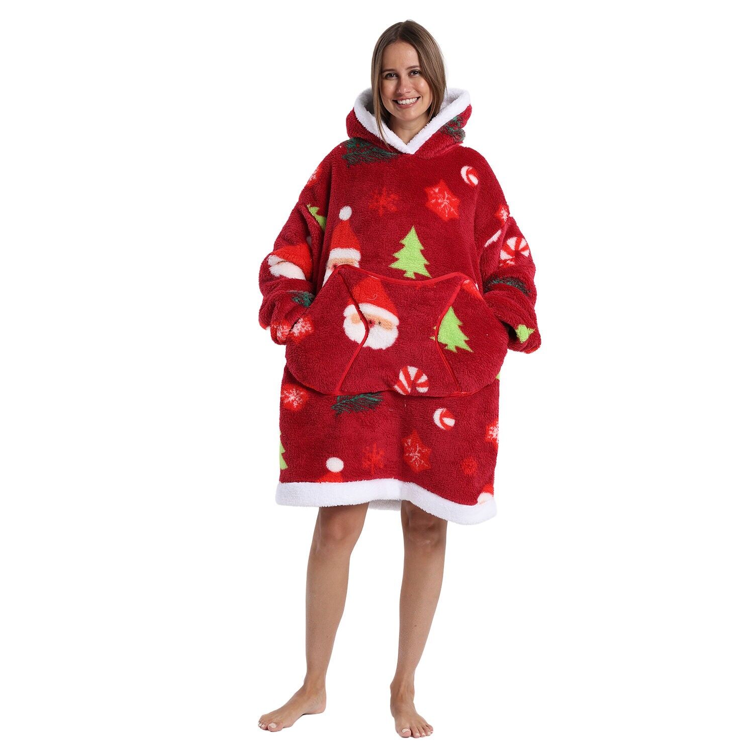 Bata estilo sudadera y manta de felpa extrasuave. Triple bolsillo frontal tipo canguro. Diseño navideño tipo corto. Color:Rojo 