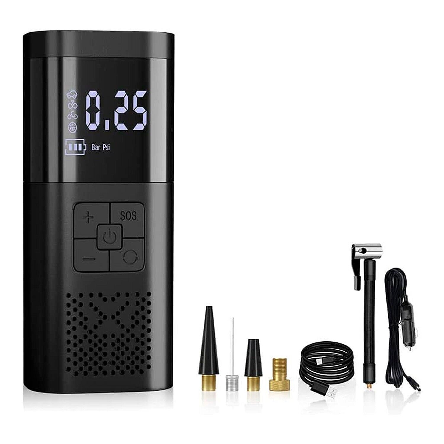 Bomba de aire portátil e inalámbrica para coche, de 150PSI con luz LED, 3 modos de uso y 4 boquillas incluidas. Color:Negro 