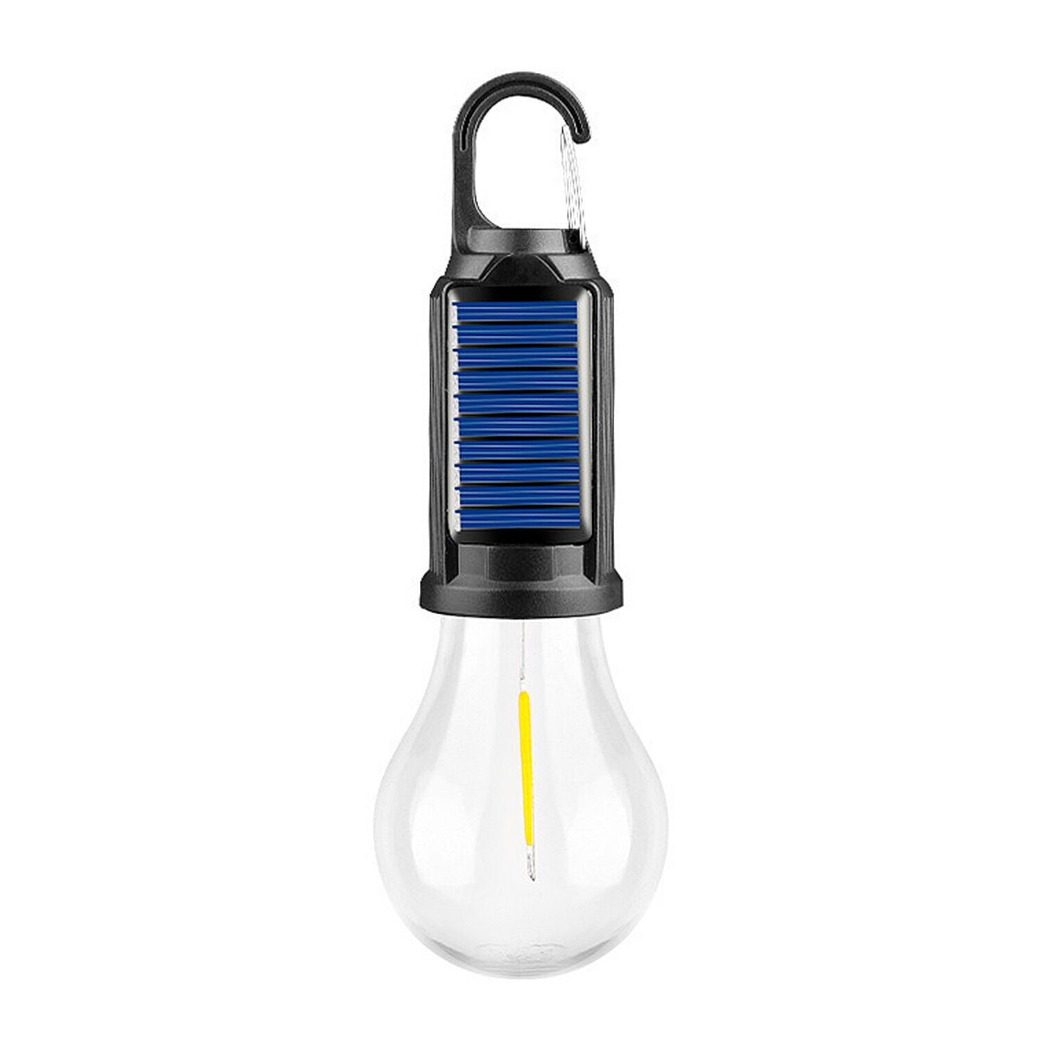 Bombilla LED T01 con carga solar, con gancho para colgar, batería recargable de 400mAh, 5W y luz templada hasta 12 horas de duración, resistente a la lluvia. Color:Negro Azul