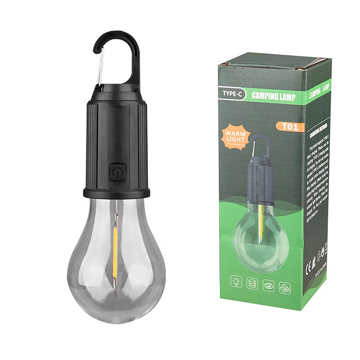 Bombilla LED T01 V2, con gancho para colgar, batería recargable de 400mAh, 5W y luz templada hasta 12 horas de duración, resistente a la lluvia. Color:Negro 