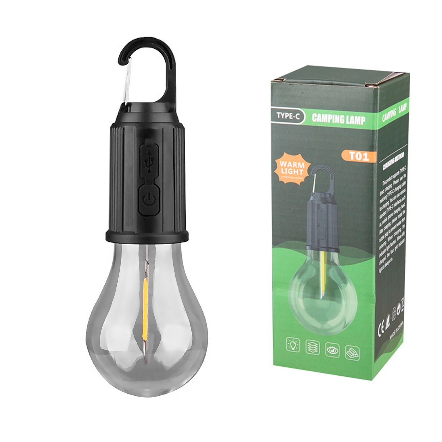 Bombilla LED T01, con gancho para colgar, batería recargable de 400mAh, 5W y luz templada hasta 12 horas de duración, resistente a la lluvia. Color:Negro 
