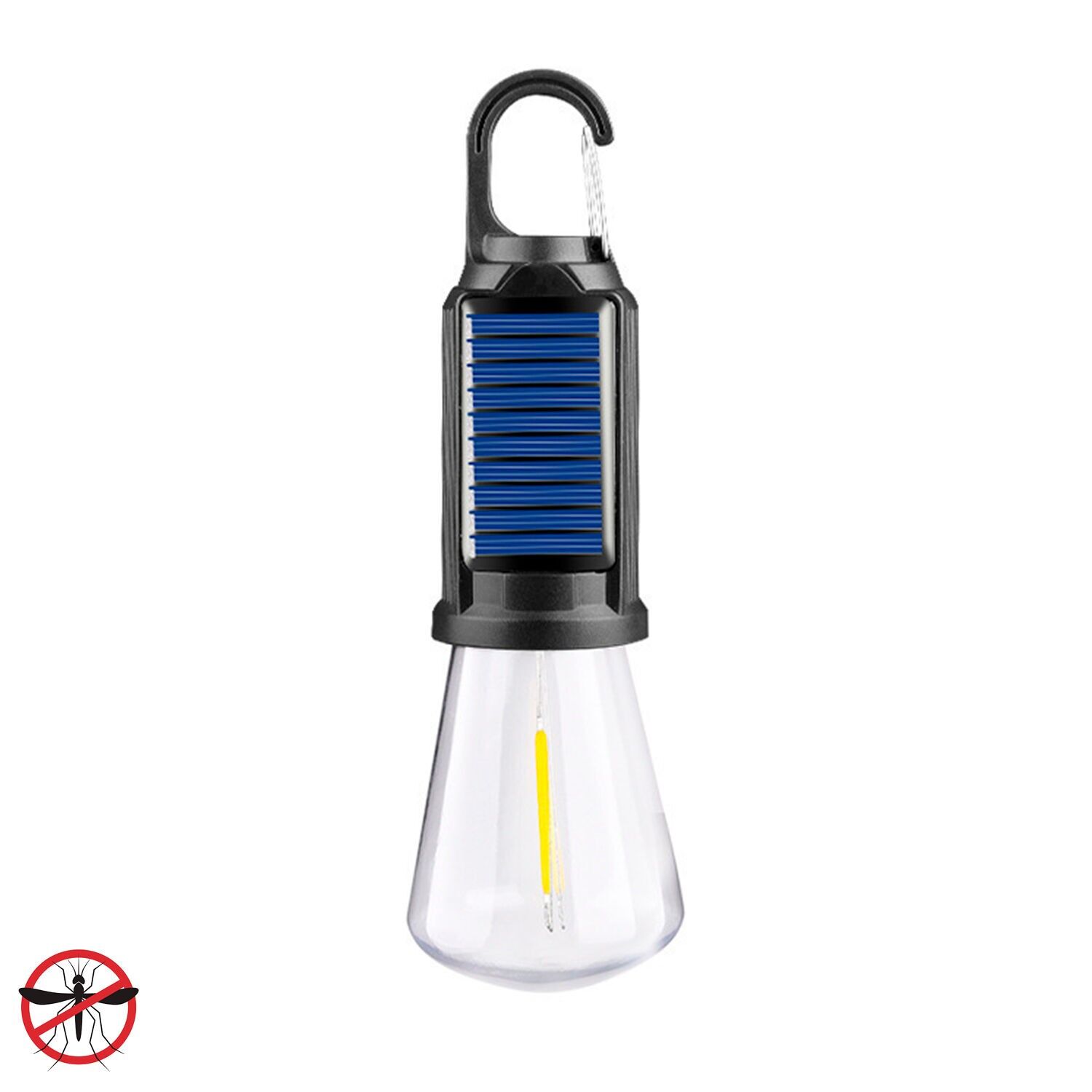 Bombilla LED T02 con carga solar y anti mosquitos, con gancho para colgar, batería recargable de 400mAh, 5W y luz templada hasta 12 horas de duración, resistente a la lluvia. Color:Negro Azul