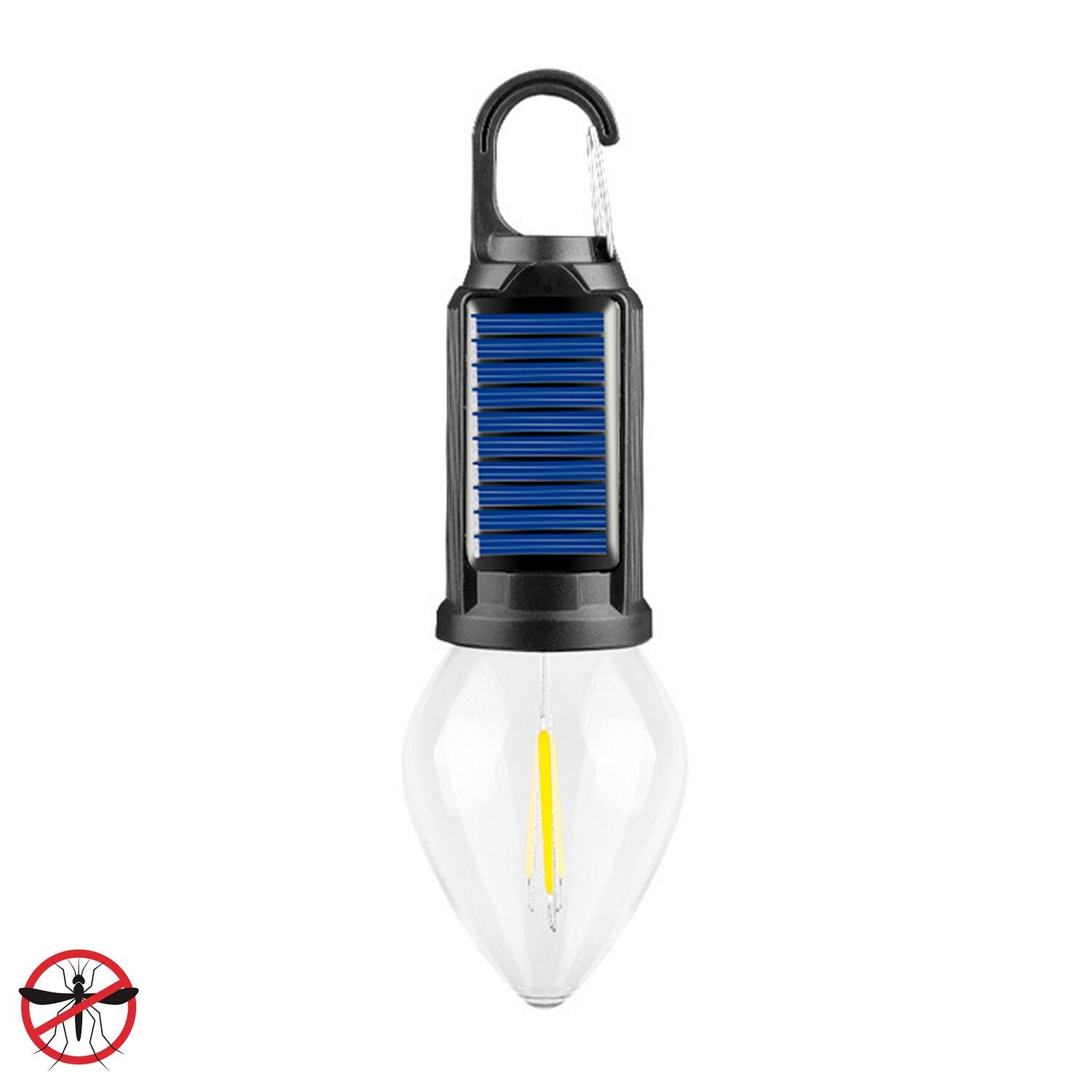 Bombilla LED T03 con carga solar y anti mosquitos, con gancho para colgar, batería recargable de 400mAh, 5W y luz templada hasta 12 horas de duración, resistente a la lluvia. Color:Negro Azul