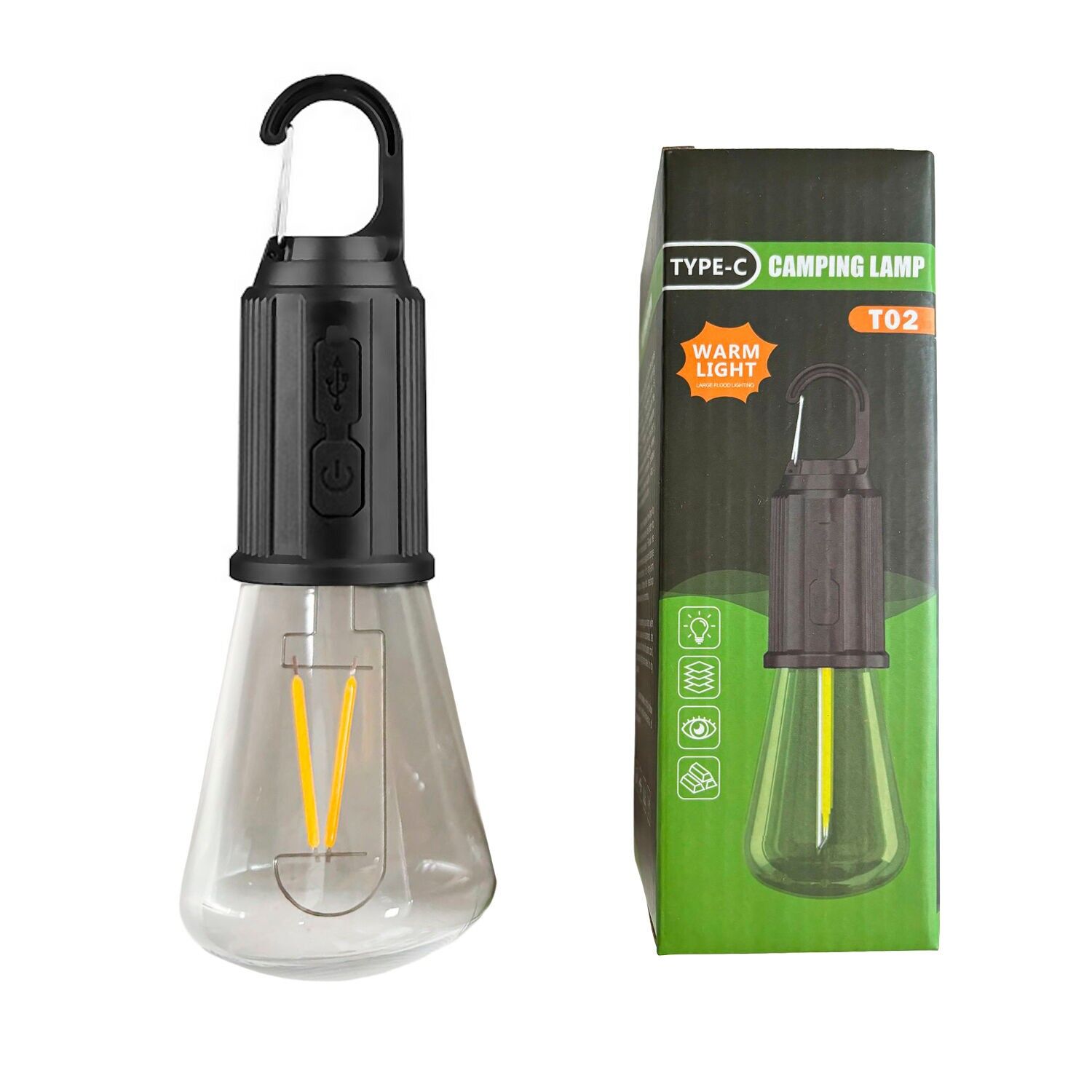 Bombilla LED T02, con gancho para colgar, batería recargable de 400mAh, 5W y luz templada hasta 12 horas de duración, resistente a la lluvia. Color:Negro 